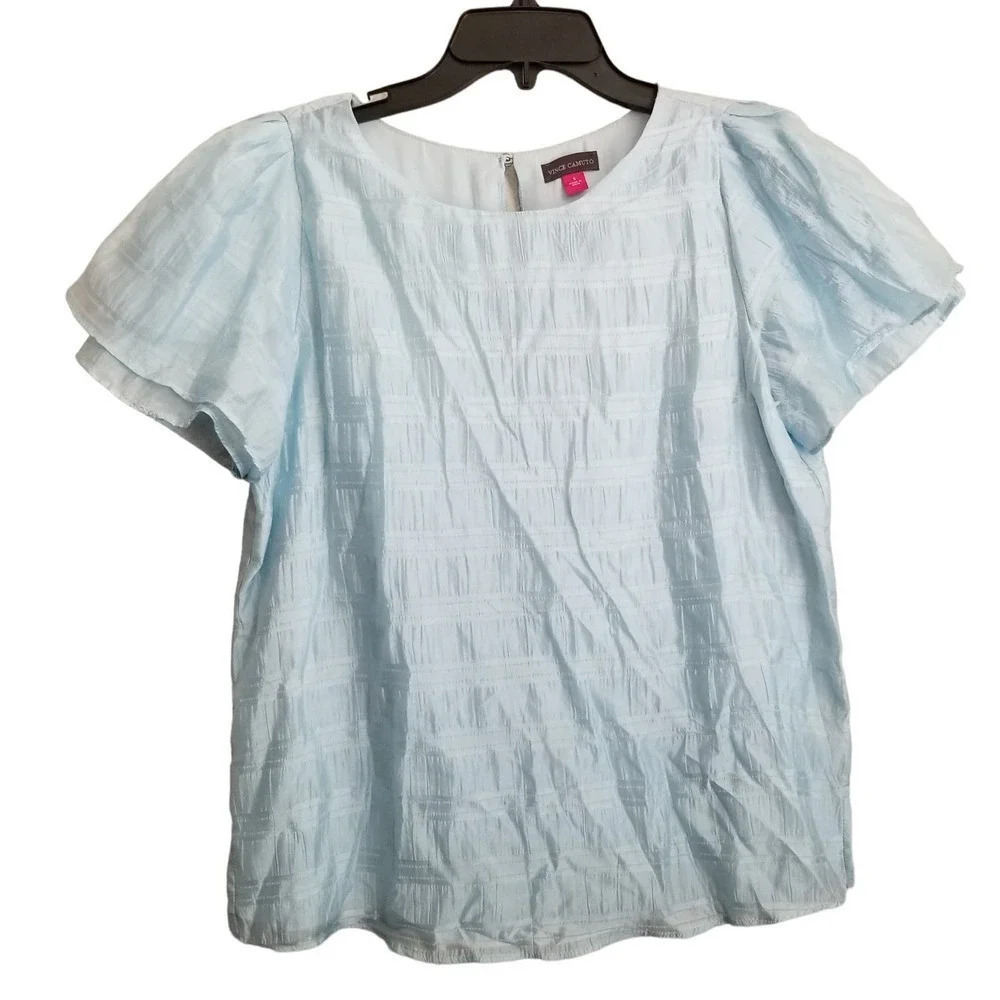 Vince Camuto Women's Round Neck Short Ruffle Sleeve Lightweight Top Size S Blue